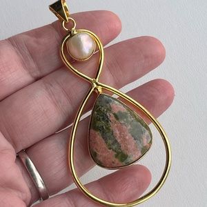 Natural Pearl & Unakite Gold Plated 2.5” Charm Gemstone Pendant
